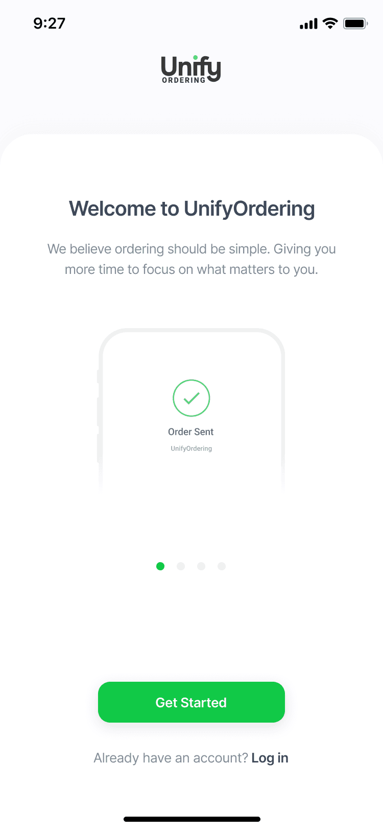 UnifyOrdering mobile experience screen 1