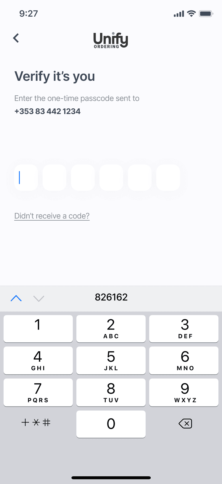 UnifyOrdering mobile experience screen 2