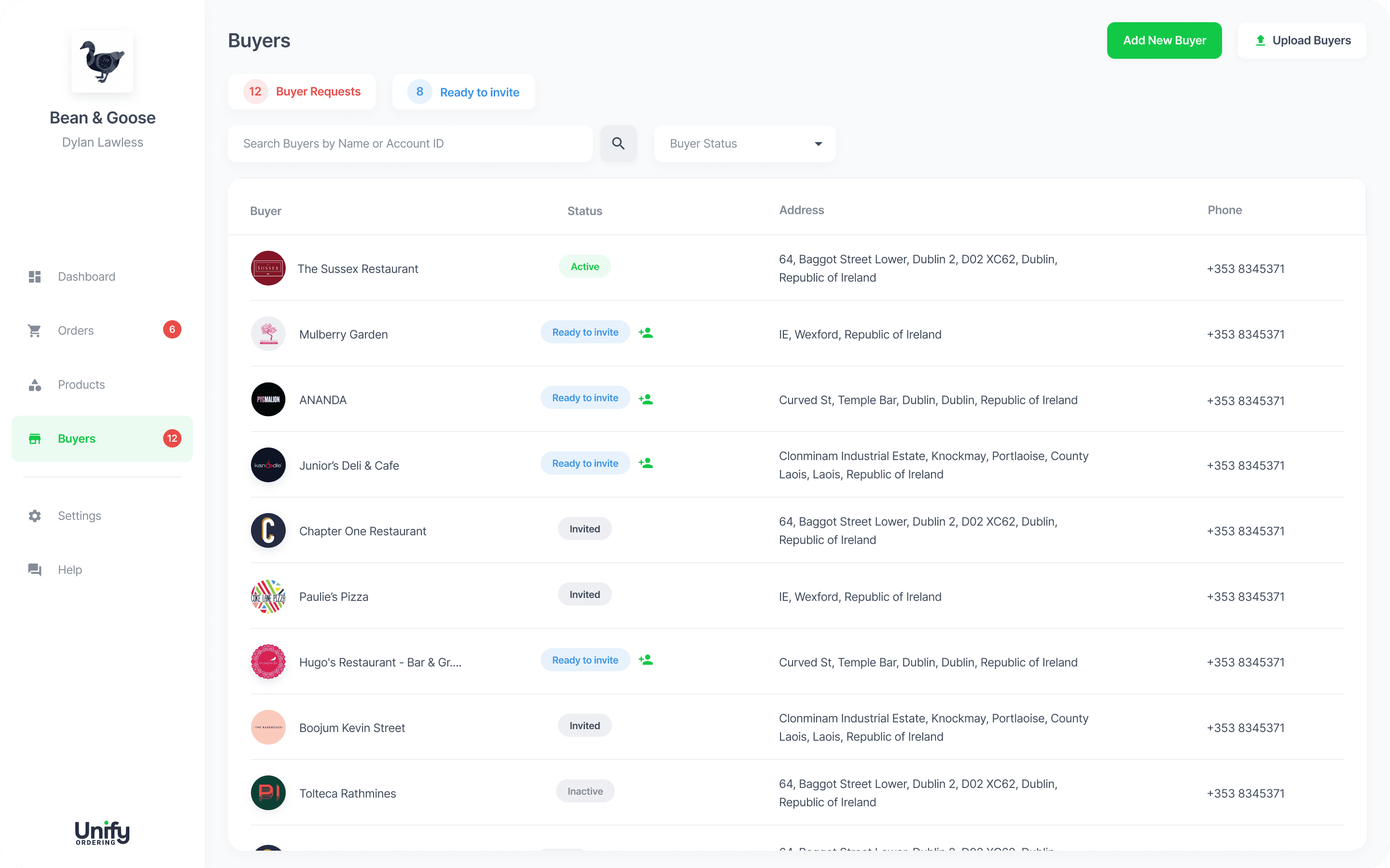 UnifyOrdering buyer management screen