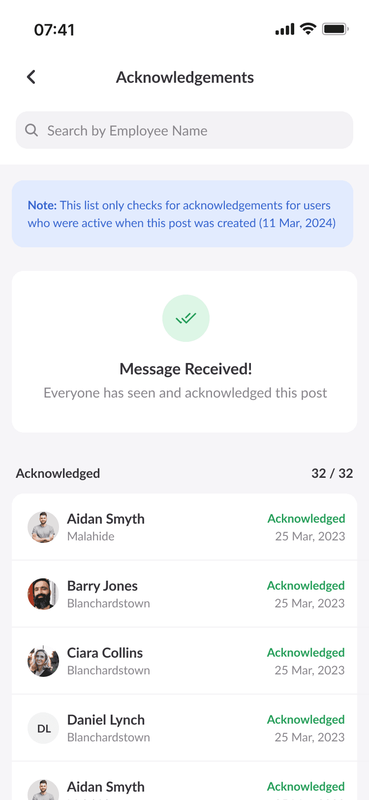 Bizimply Connect post acknowledgements on mobile
